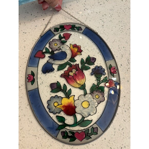 Joan Baker Vintage Bird  and Flowers -Stained Glass Suncatcher Window Oval - Picture 1 of 5